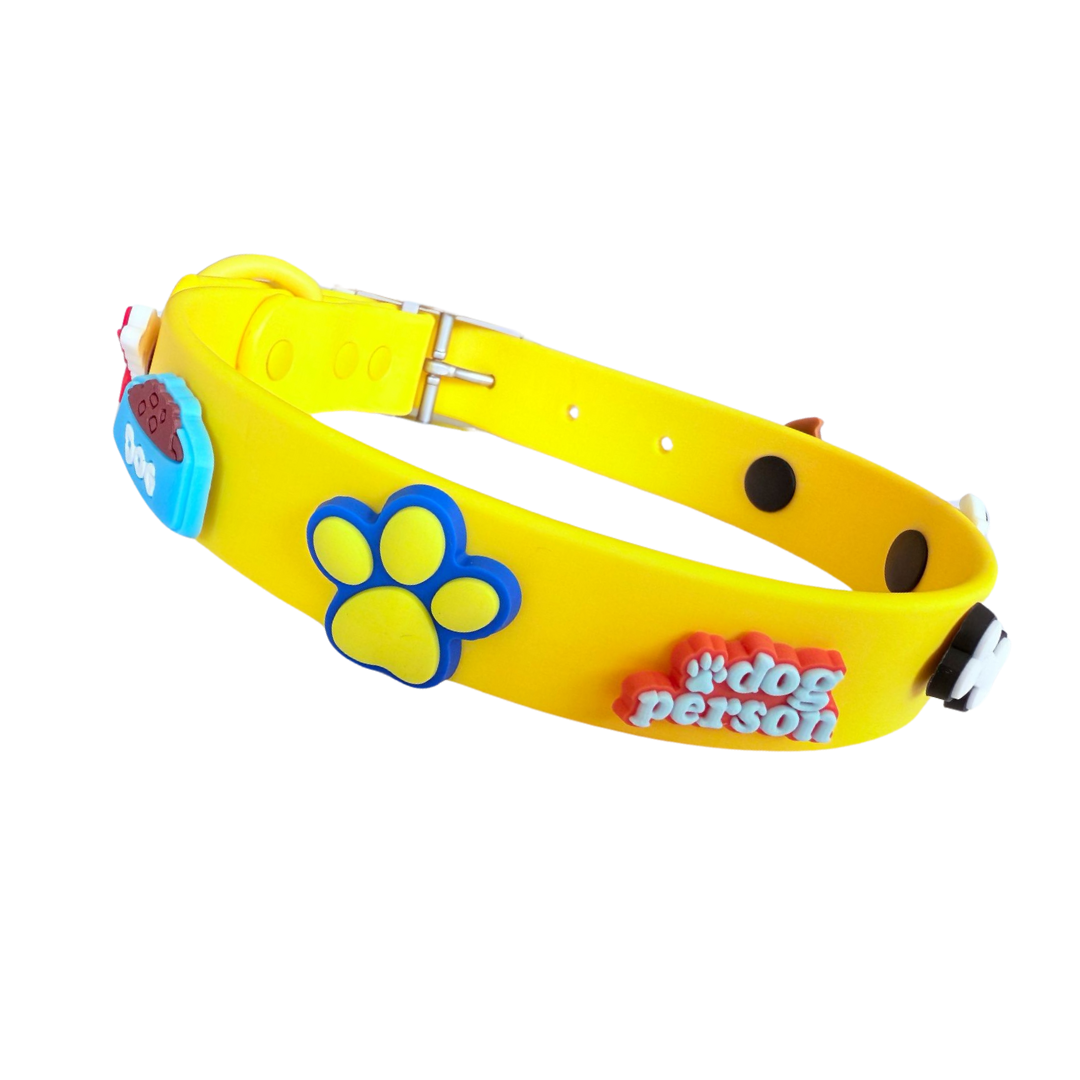 Yellow waterproof dog collar by Walkieez, durable collar with adjustable strap for dogs, shown in close-up image.