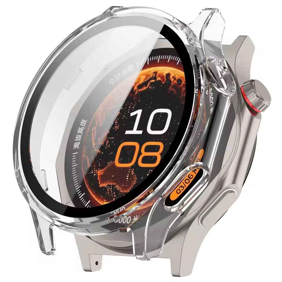 Clear protective case for OnePlus Watch 4, transparent watch cover demonstrating fit and design protection.