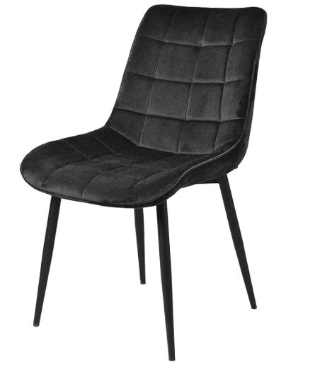 Black velvet Gavin dining chair by sue-e furniture with sleek, modern design and sturdy wooden legs.