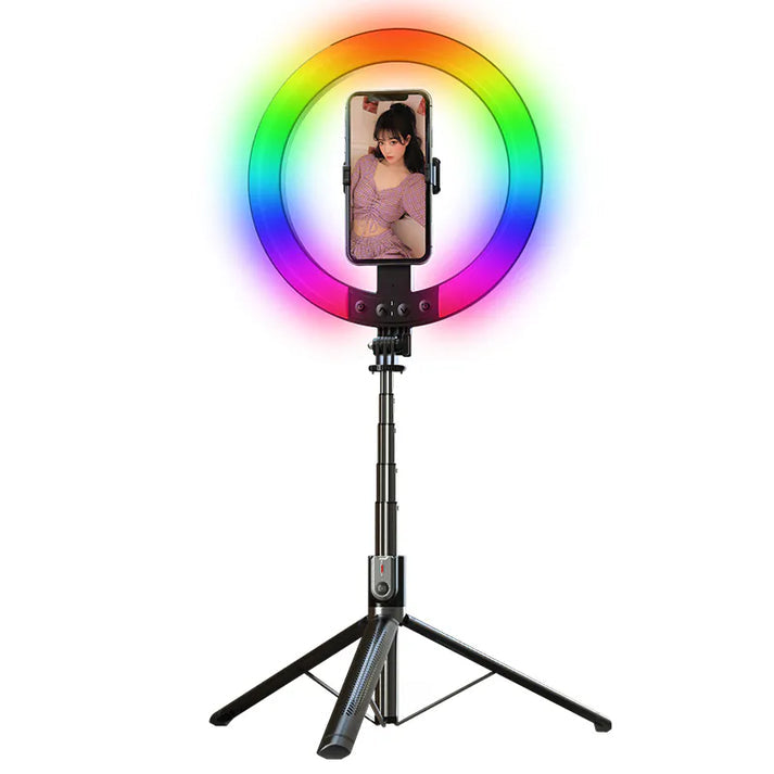 9eight5 1.9m Ring Light Selfie Stick P100RGB, portable electronics accessory with adjustable ring light for selfies and videos.