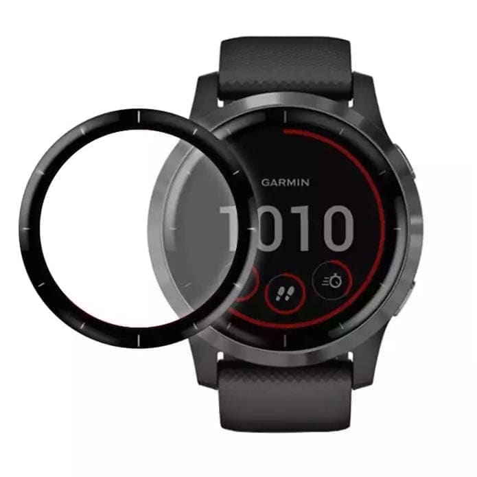 Pair of Garmin Vivoactive 3 watch screen protectors by That Watch Shop, clear protective film covering the watch face.