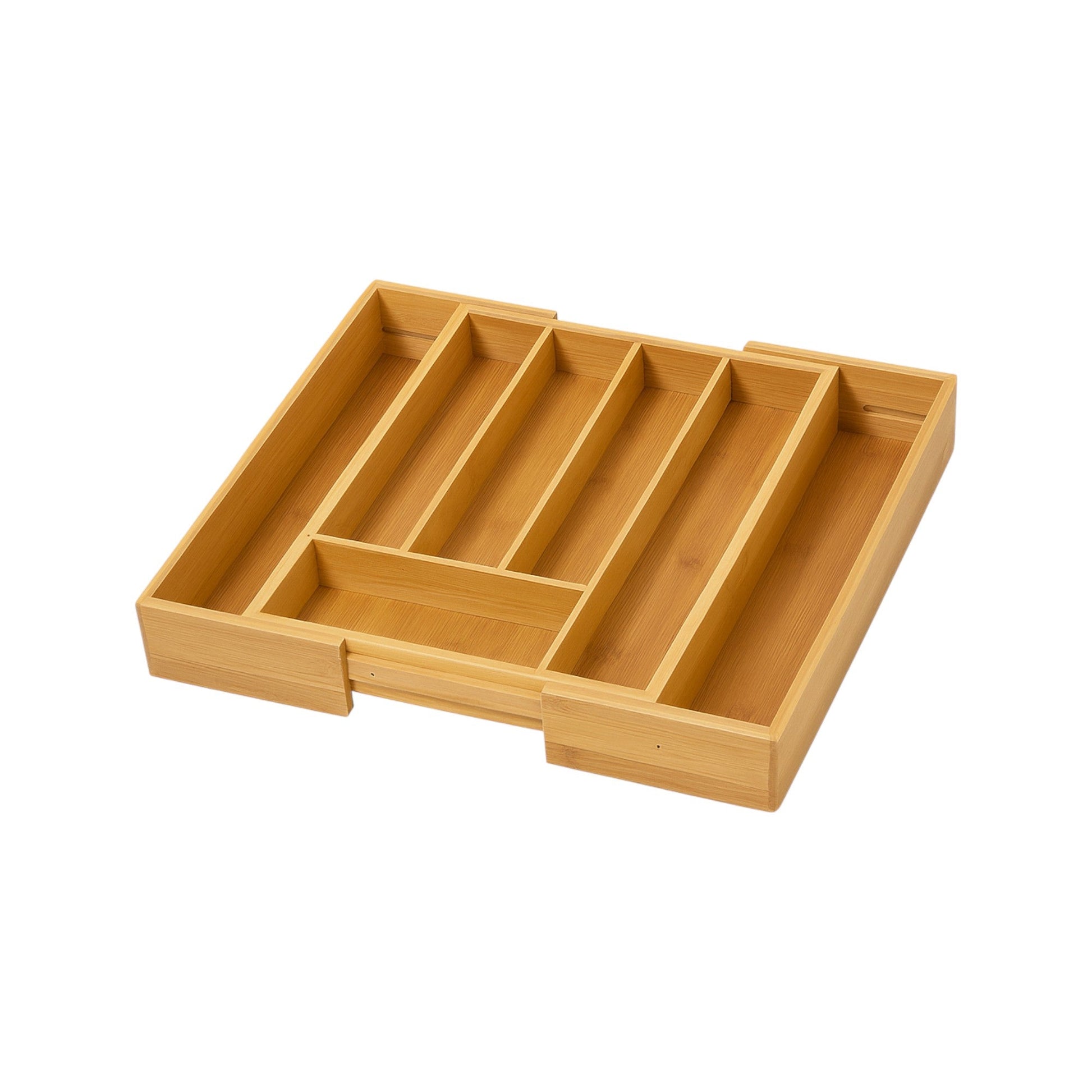 Nest & Stem Homewares Frankly Cotton Bamboo expandable cutlery tray for kitchen storage and organization, with multiple compartments.