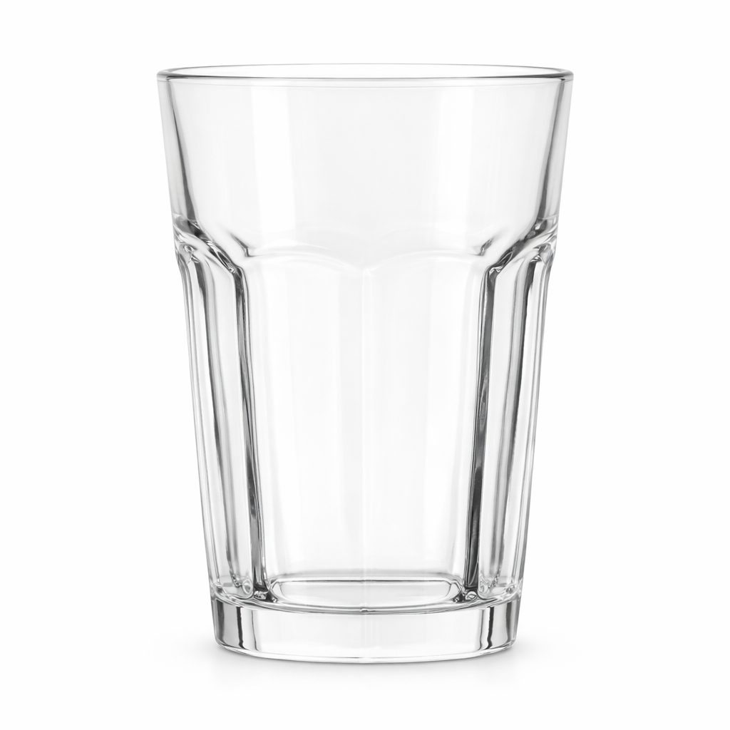 Clear faceted glass tumbler by Nest & Stem Homewares, 473ml capacity, stylish cotton-designed glassware for beverages