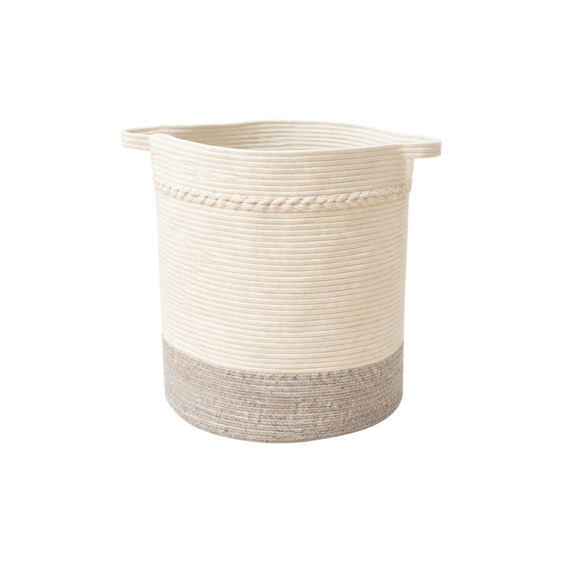 White and natural cotton woven linen laundry basket by Nest & Stem Homewares with sturdy handles for easy carrying.