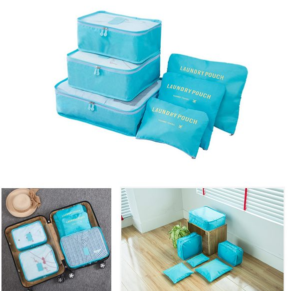 Six-piece travel storage bag set by dealonline.co.nz with clothing packing cubes for luggage organization and suitcase packing.