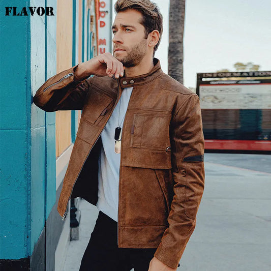 FLAVOR Men's Brown Leather Biker-Style Jacket – Road Heritage