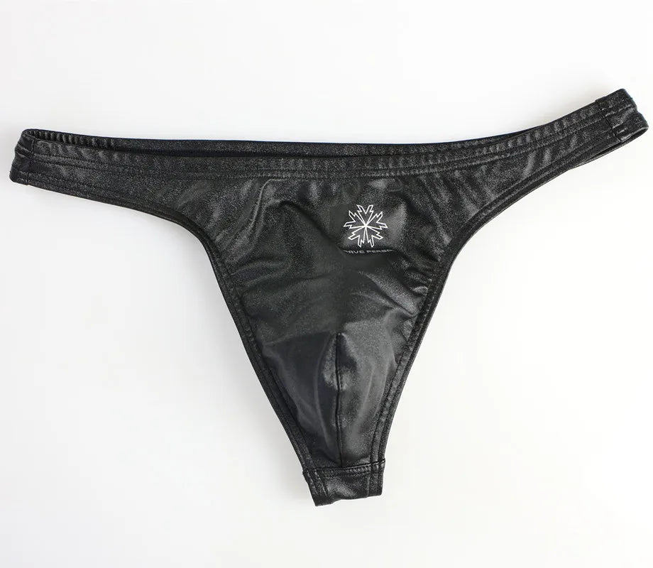 Men's low waist faux leather briefs by ShopHub NZ with sleek design and comfortable fit, shown in black from the front view.
