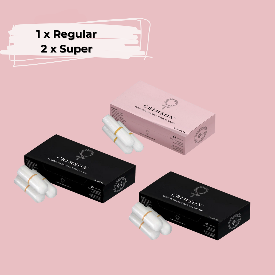Crimson Heavy Flow Organic Tampon Bundle with two super and one regular package in white boxes, showcasing packed feminine hygiene products.