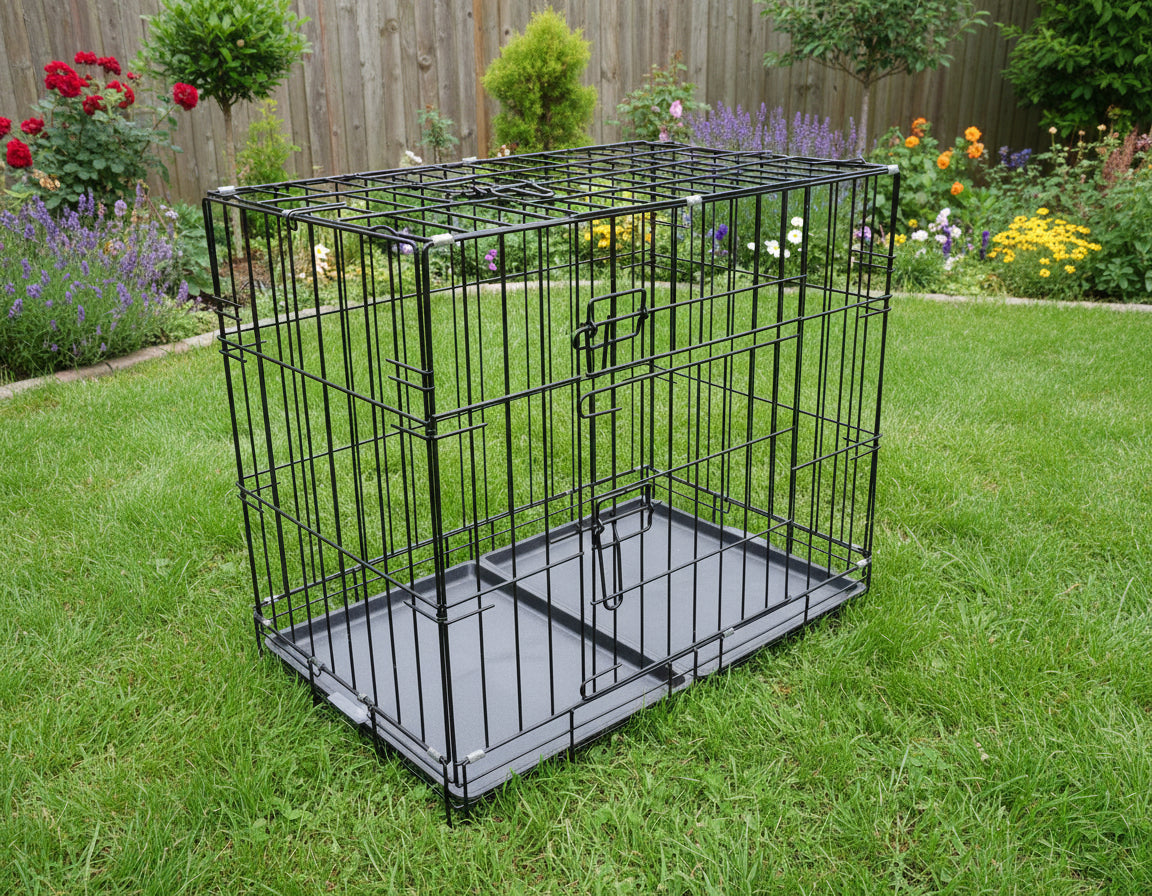 Black 70cm wide collapsible metal pet cage by dealonline.co.nz, suitable for small animals, with secure door and ventilation.