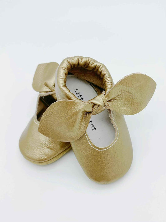 Bow Gold Baby Leather Flat Shoes