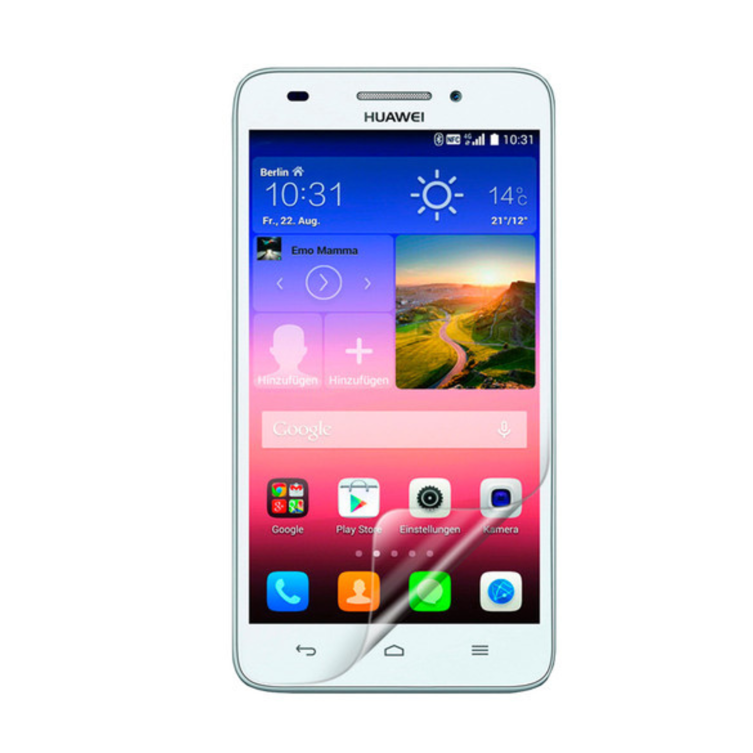 Hydrogel screen protector for Huawei Ascend G620s by 9eight5, showing a clear, flexible film applied to a smartphone screen.