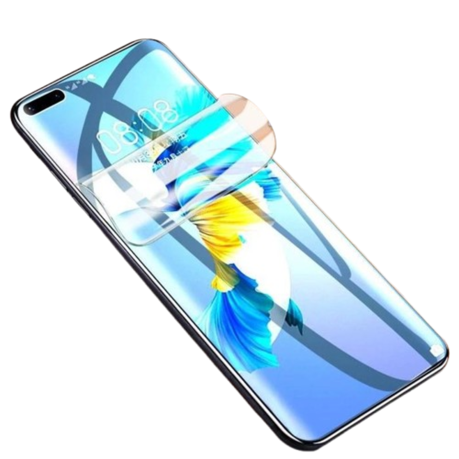 Hydrogel screen protector for Huawei Mate 40 Pro by 9eight5, shown in a pack of two with clear, flexible film covering the phone screen.