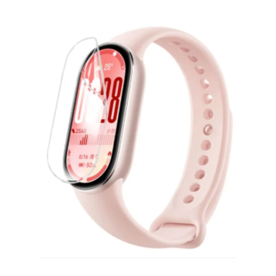 Hydrogel screen protector for Xiaomi Smart Band 10 from That Watch Shop, shown on a smartwatch with a clear protective film.
