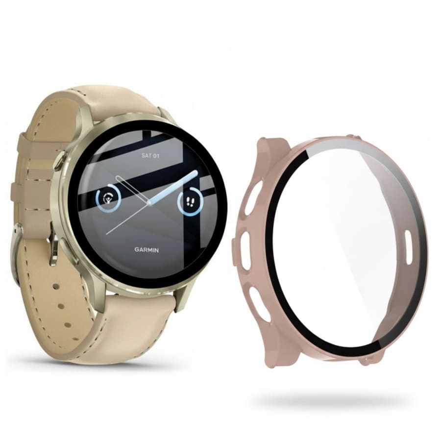 Pink Garmin Venu 4 41mm watch screen protector in clear protective case, designed for durability and screen safety.