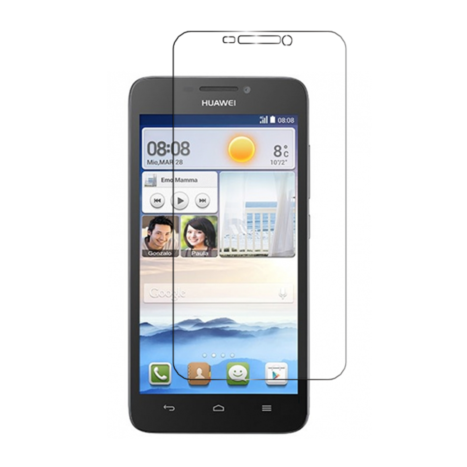 Hydrogel screen protector for Huawei Ascend G630 by 9eight5, showing a clear, flexible film fitting over the phone screen.