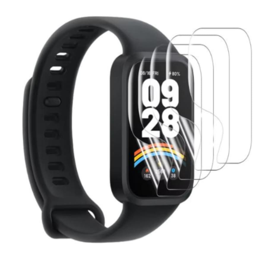 Six hydrogel screen protectors for Xiaomi Smart Band 9 Active and Redmi Smart Band 3, designed as watch cases.
