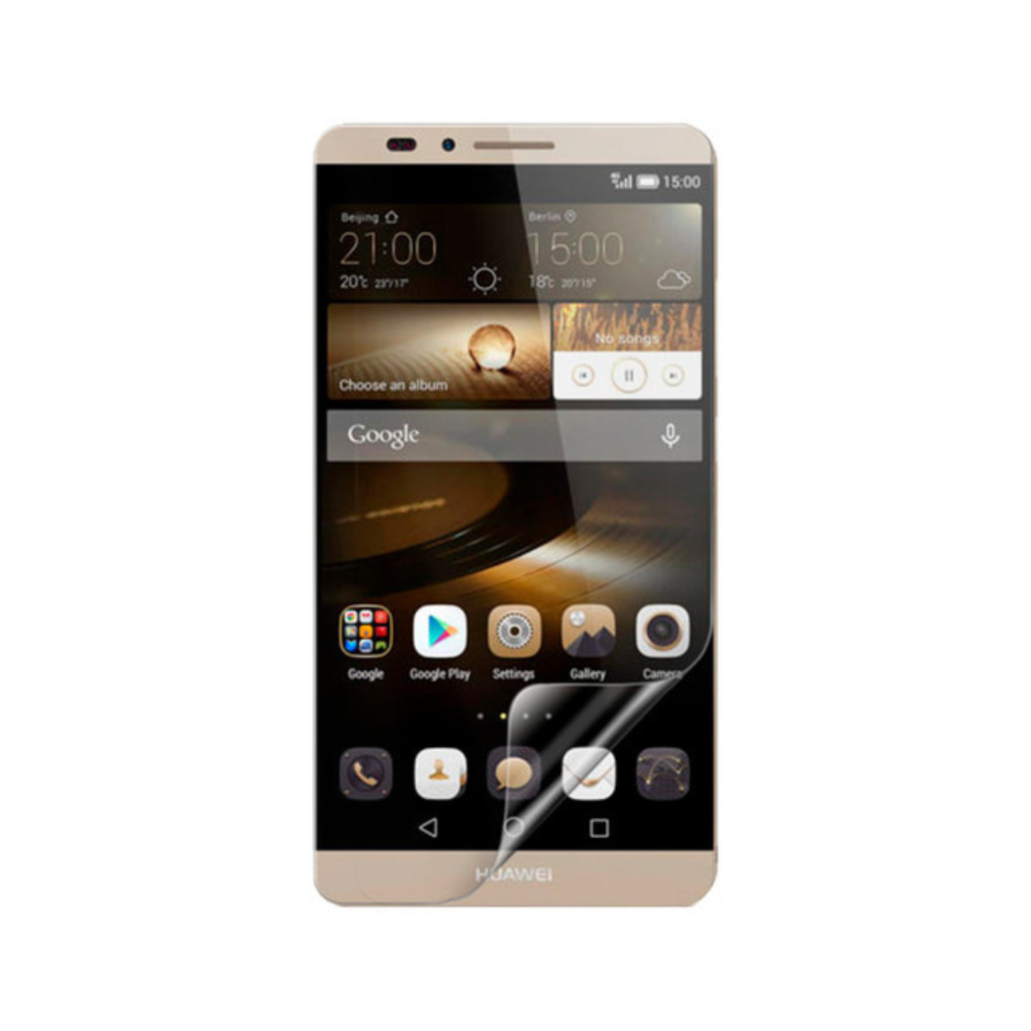 Hydrogel screen protector for Huawei Ascend Mate 7 by 9eight5, showing clear, flexible film covering the phone screen.