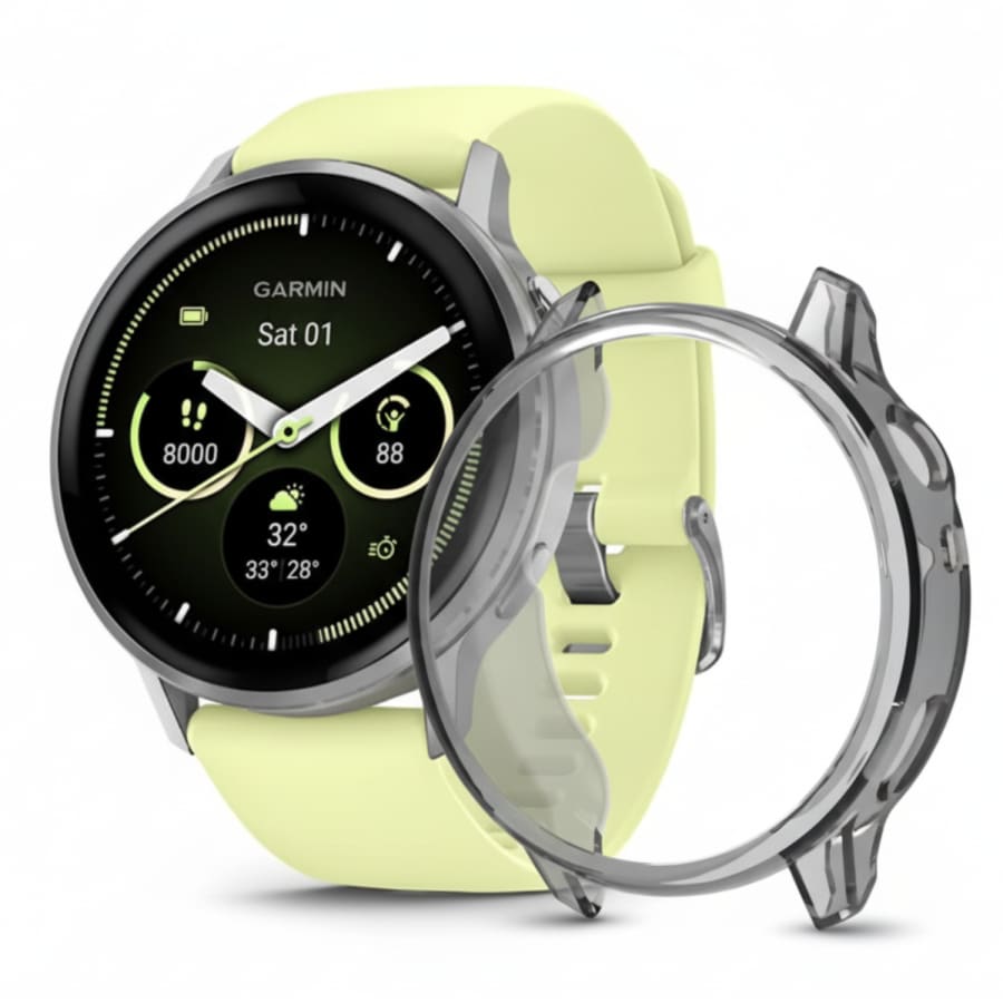 Transparent black Garmin Venu 4 45mm watch screen protector in a protective case, designed for durability and clear visibility.