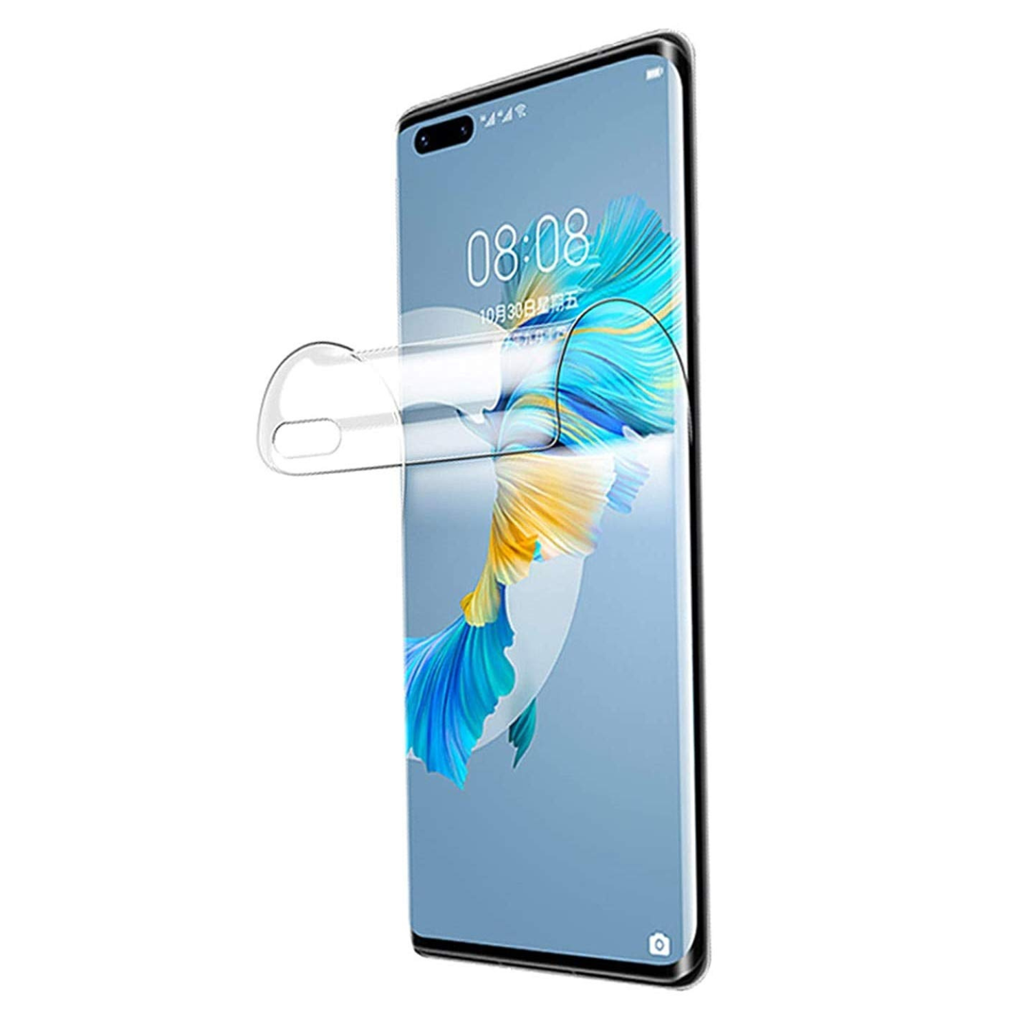 Two clear Hydrogel screen protectors for Huawei Mate 40 Pro+ by 9eight5, showing smooth, flexible material designed for screen protection.