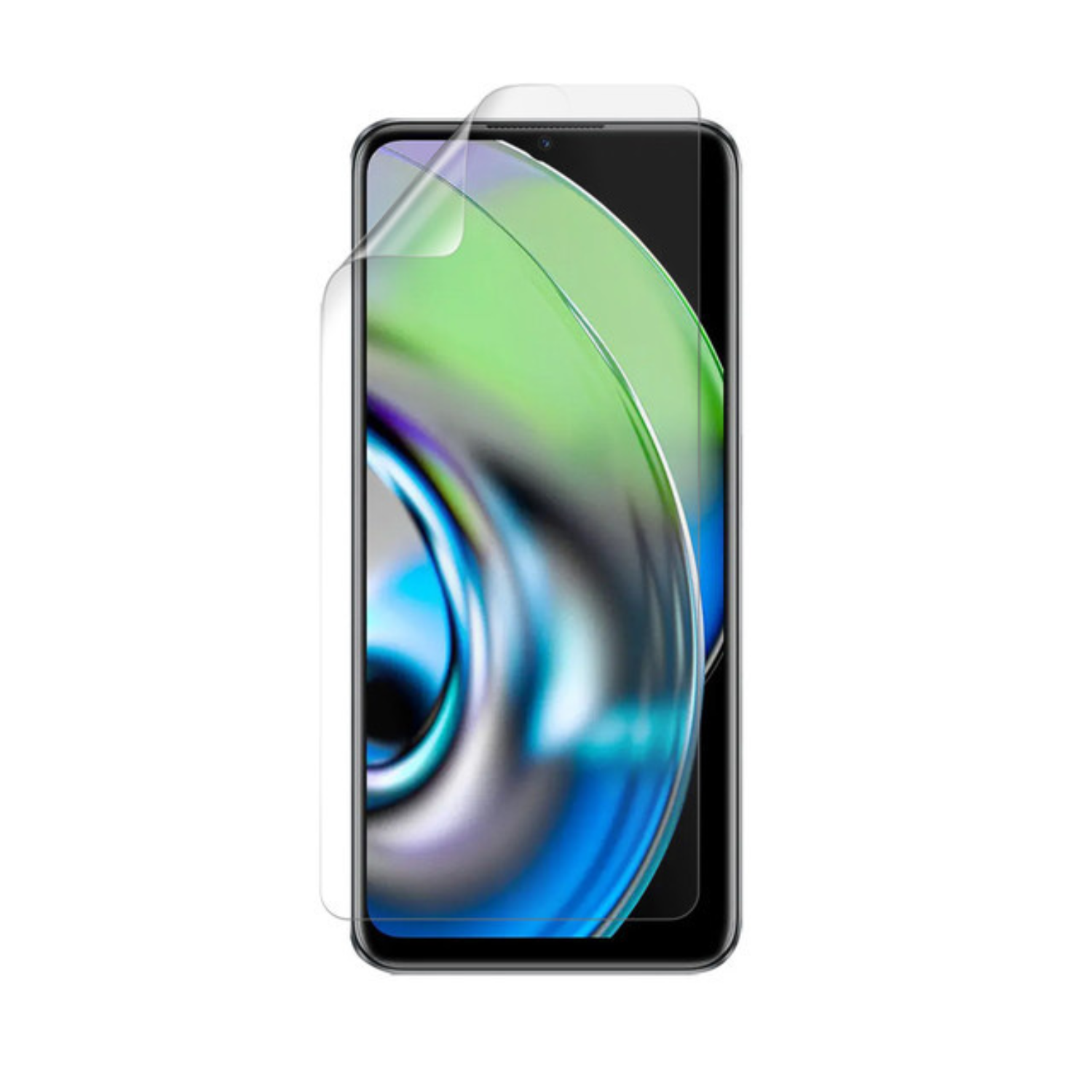 Clear 9eight5 Hydrogel Screen Protector for Realme V23i, showing the transparent film fitting over the phone screen.