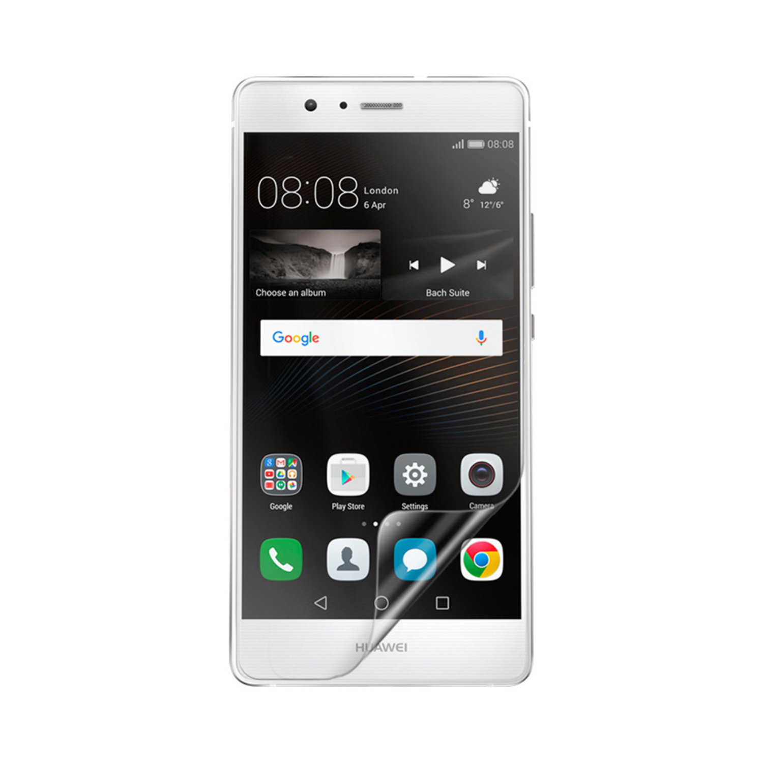 Hydrogel screen protector for Huawei G9 lite (P9 lite) by 9eight5, showing the clear protector fitting over the phone screen.