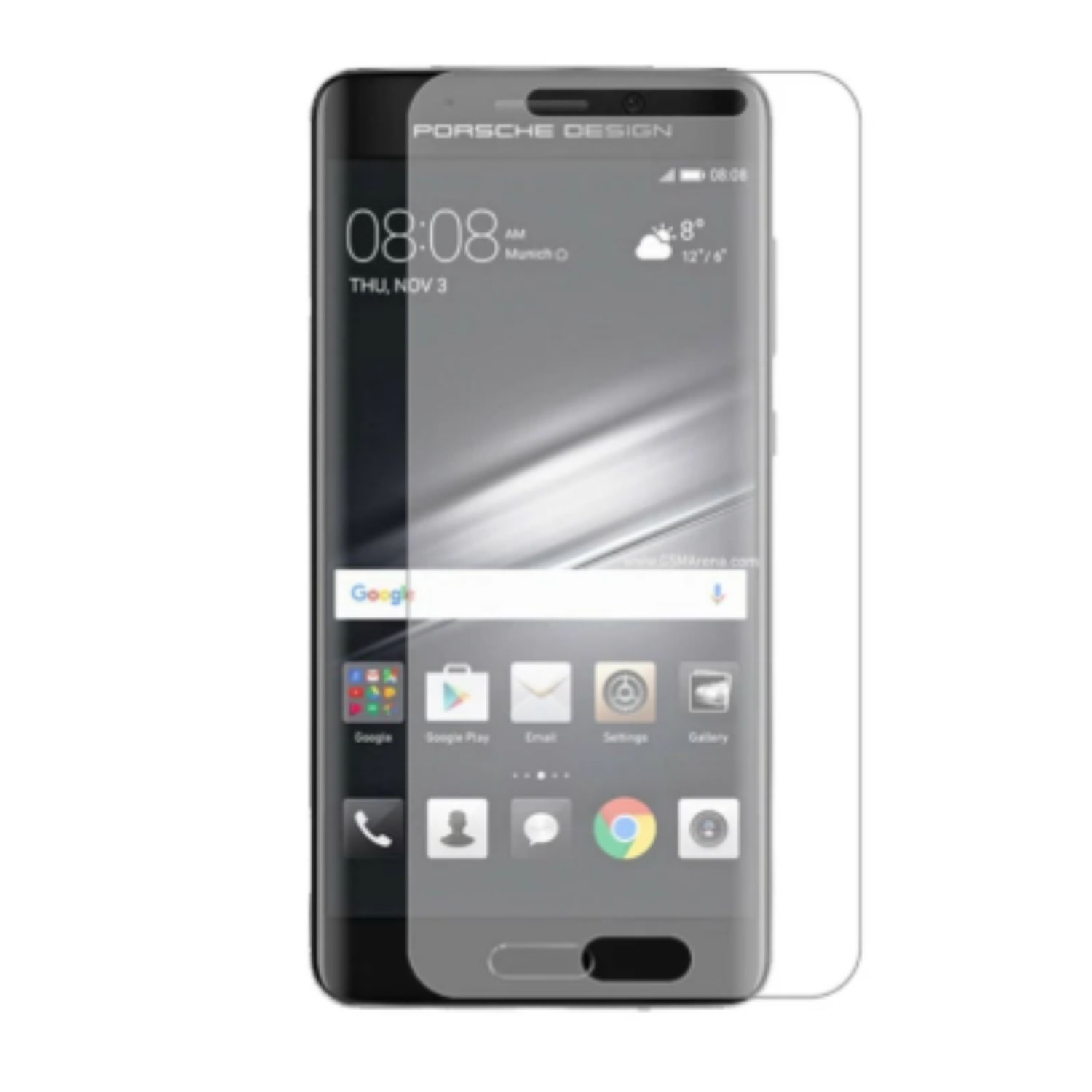 9eight5 hydrogel screen protector for Huawei Porsche Design Mate 9, showing clear, flexible film covering the phone screen.