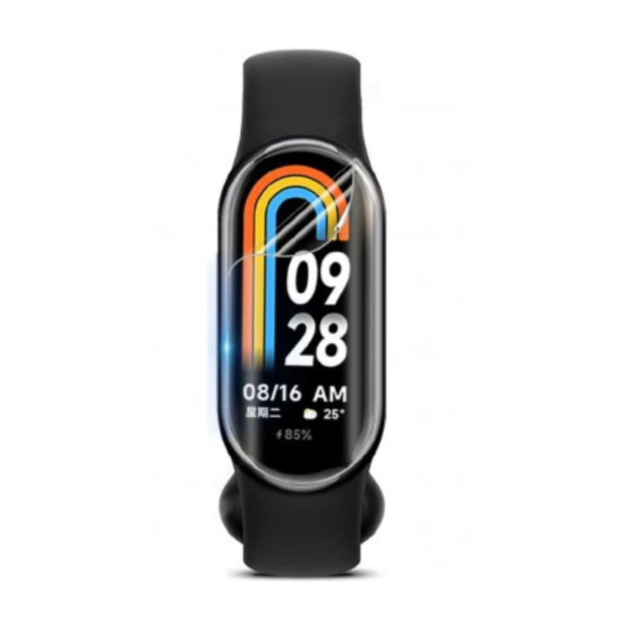 Six hydrogel screen protectors for Xiaomi Smart Band 8, designed as watch cases for durable, clear device protection.
