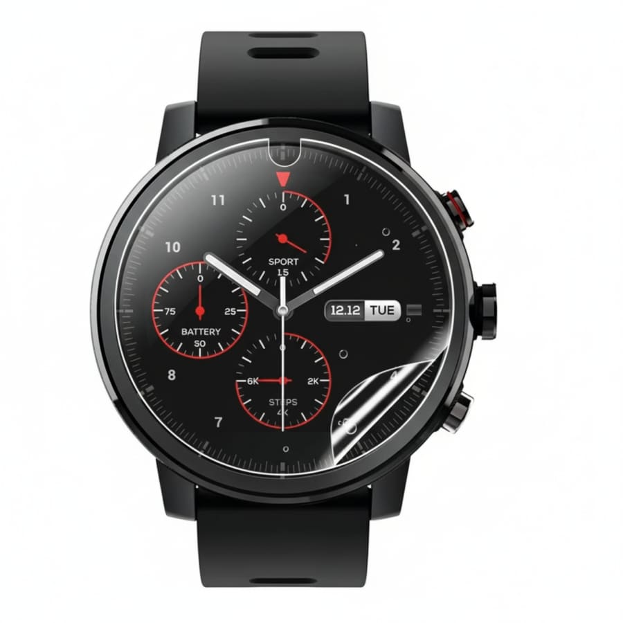 Hydrogel screen protector for Amazfit Stratos+ smartwatch, pack of 6, showing clear, flexible film applied to watch screen.