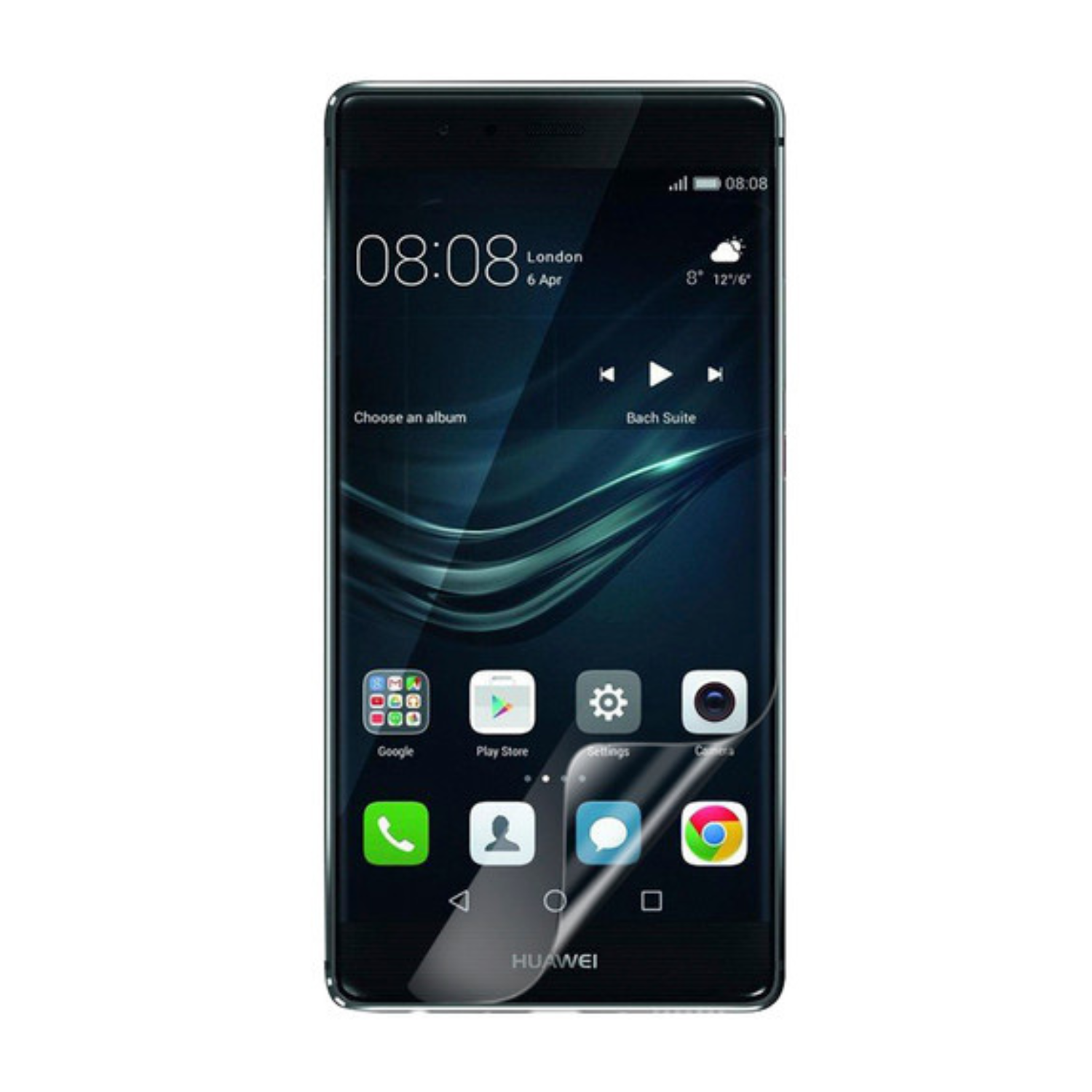 Hydrogel screen protector for Huawei P9 Plus by 9eight5, showing the transparent film applied to the phone screen.