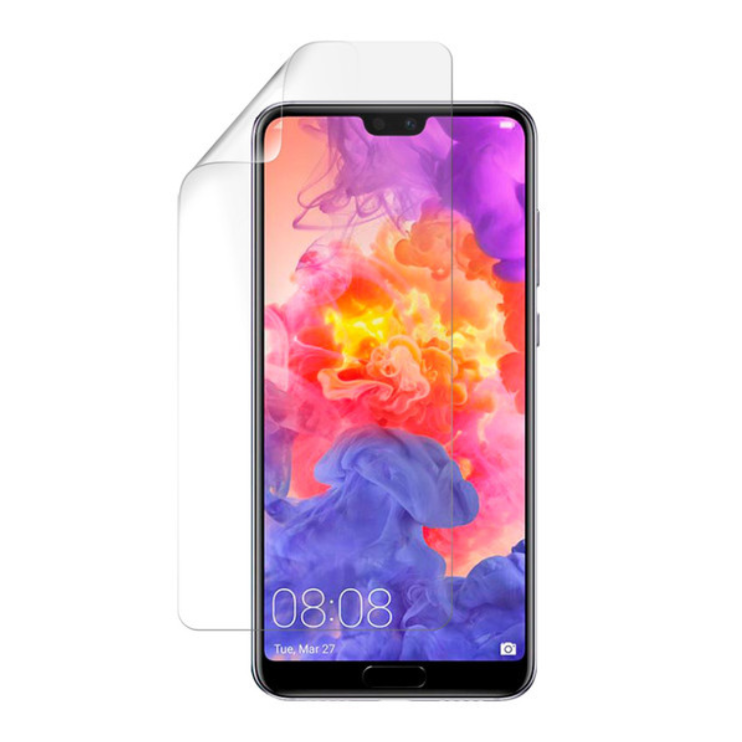Hydrogel screen protector for Huawei P20 Pro by 9eight5, showing clear flexible film covering the device screen.