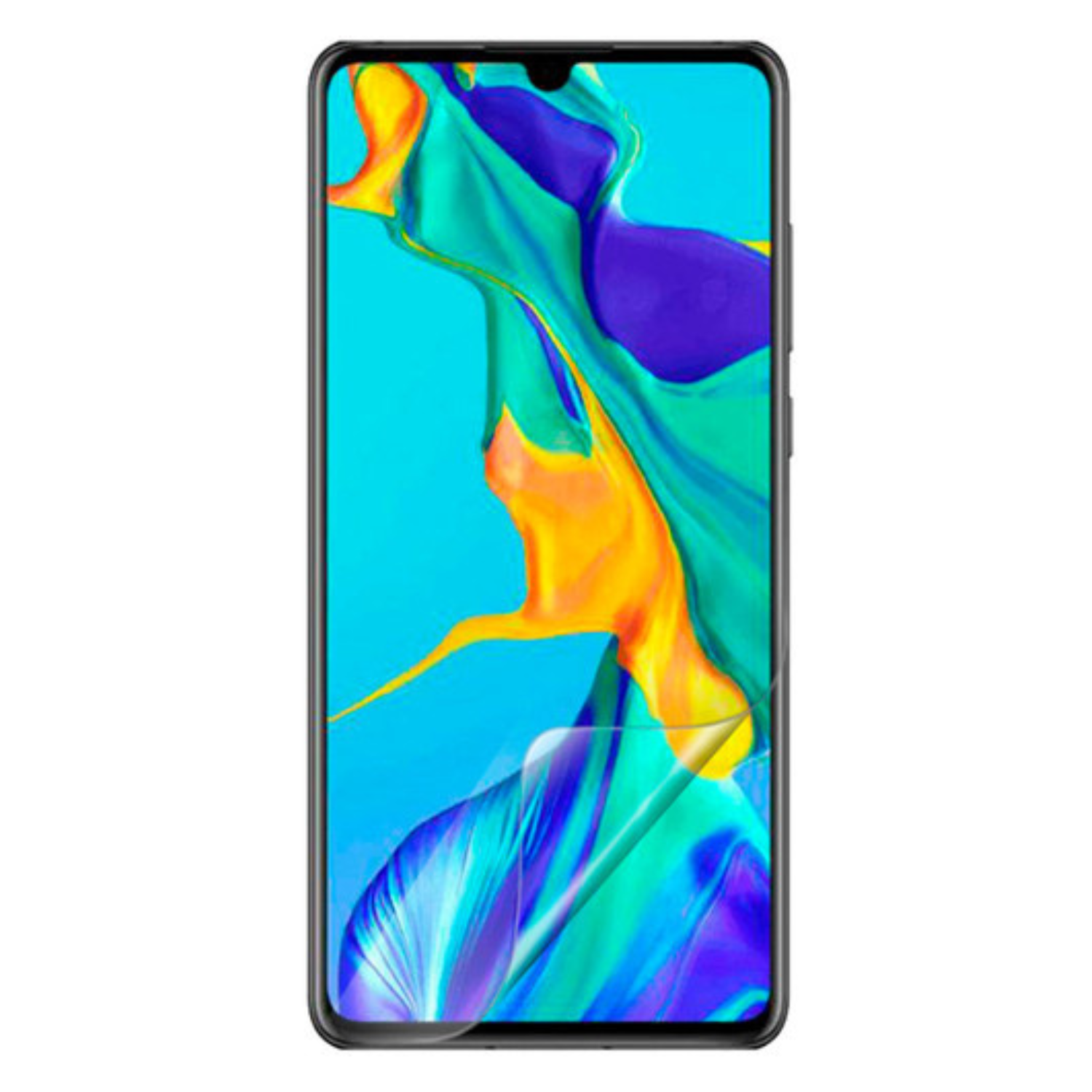 Two 9eight5 hydrogel screen protectors for Huawei P30 (2019) smartphone, showing clear, flexible film for screen protection.