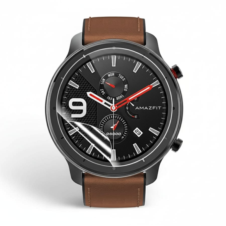 Hydrogel screen protector for Amazfit GTR 2019 47mm smartwatch, pack of 6, showing clear, flexible screen cover on watch face