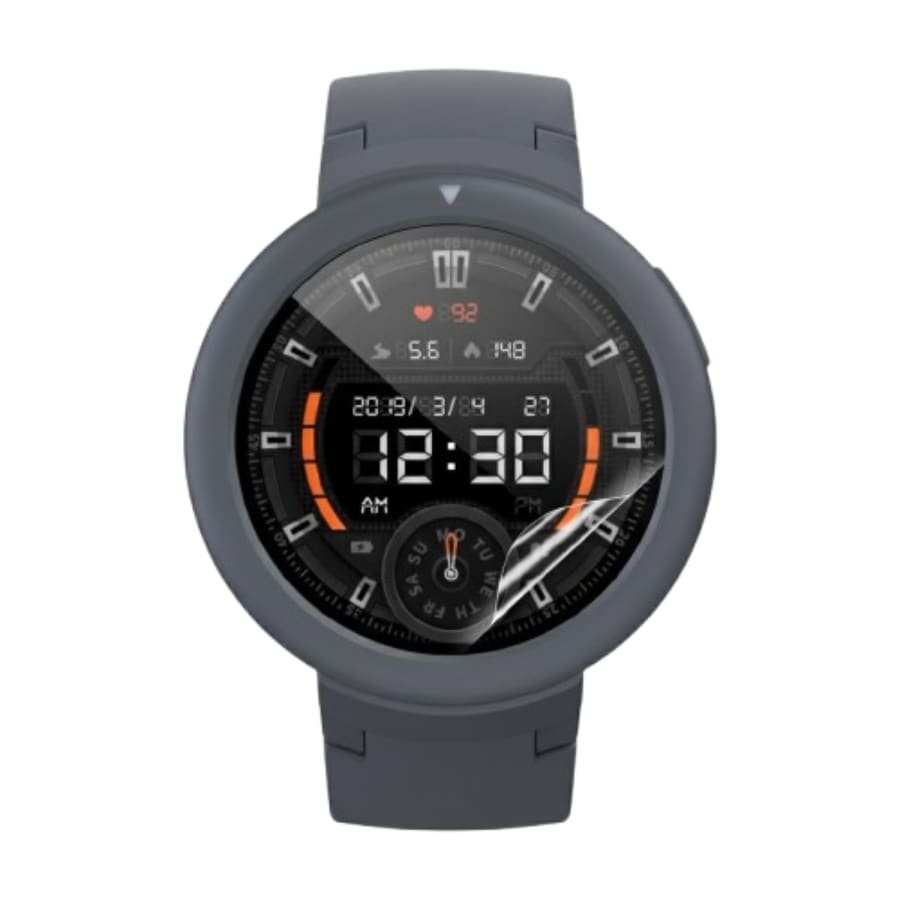 Six transparent hydrogel screen protectors for Amazfit Verge Lite smartwatch, showing the clear, flexible film on the watch screen