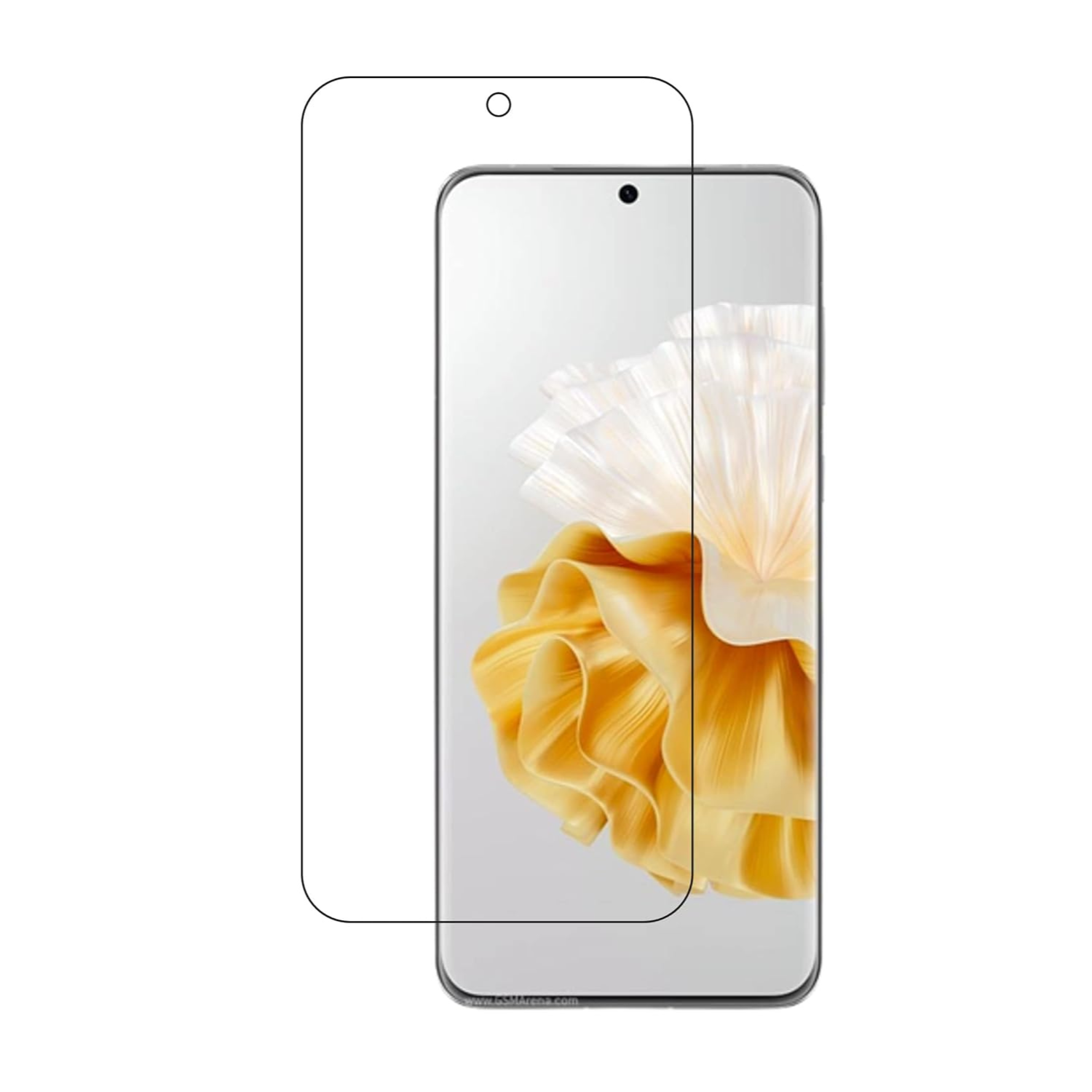 Two 9eight5 hydrogel screen protectors for Huawei P60 Pro (2023) with clear protective film on a smartphone screen.