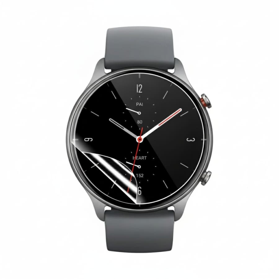 Six hydrogel screen protectors for Amazfit GTR 2 smartwatch, showing clear, flexible protective film on watch screen.