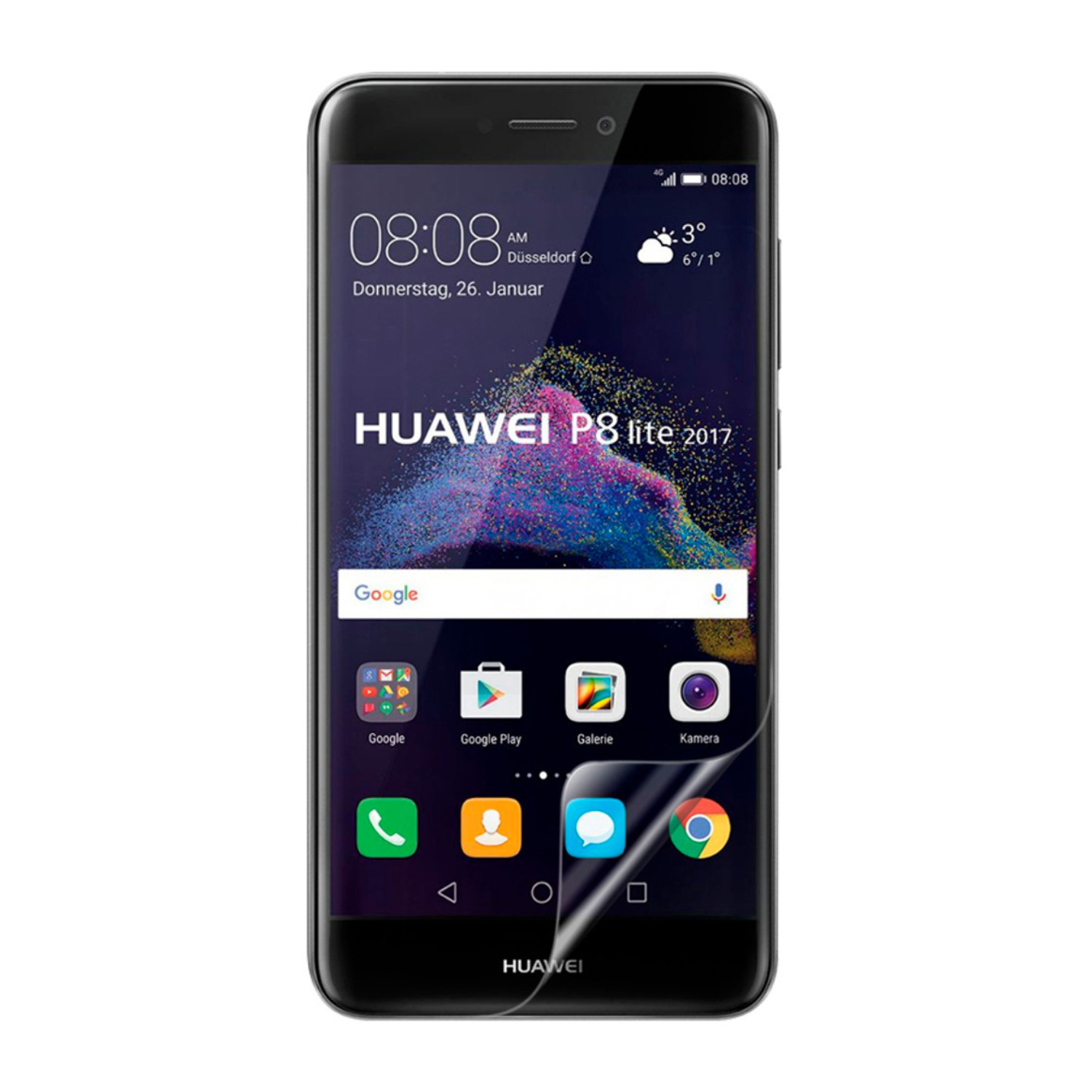Hydrogel screen protector for Huawei P8 lite (2017) by 9eight5, showing a clear, flexible film covering the phone screen.