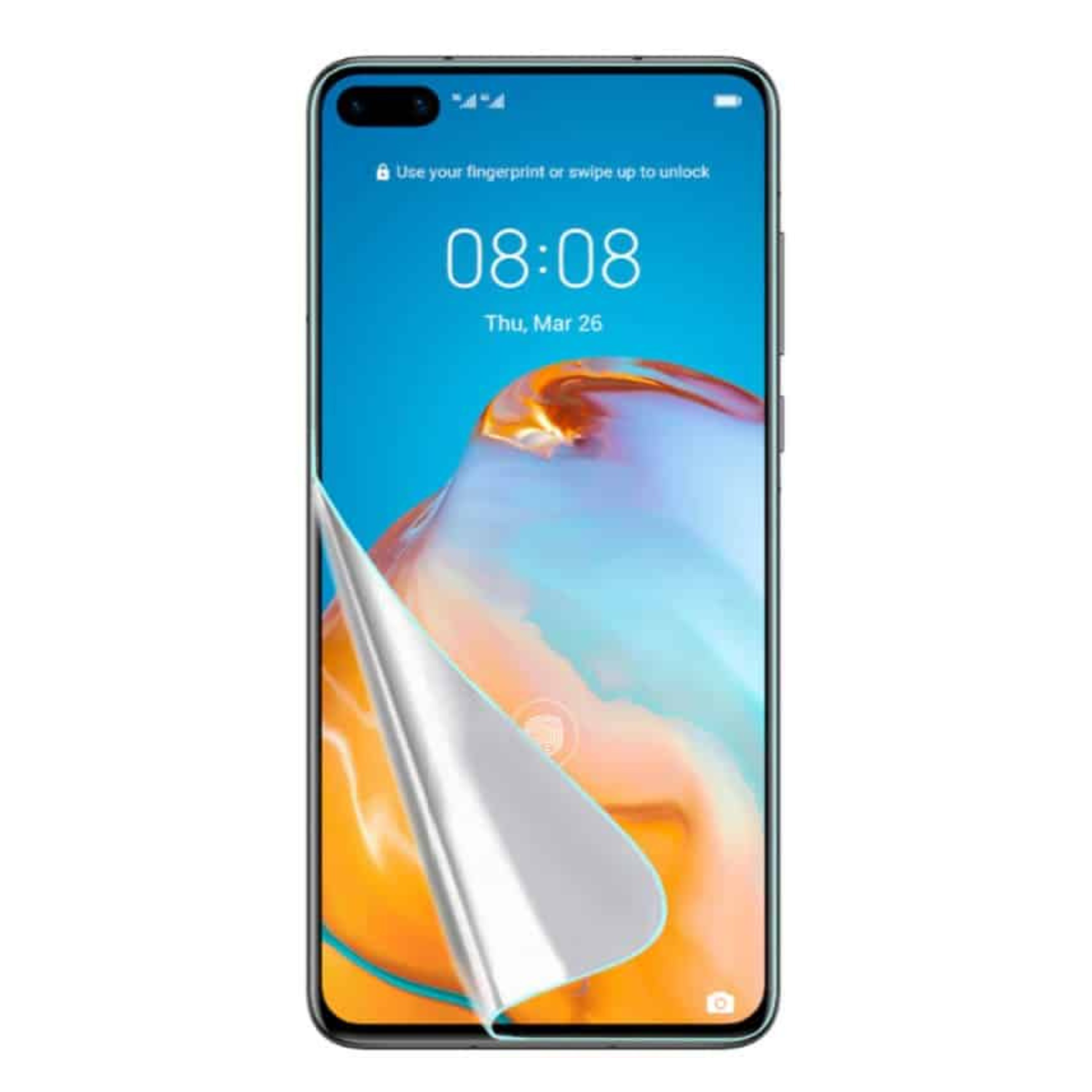 Hydrogel screen protector for Huawei P40 2020 by 9eight5, showing the transparent film fitting over the smartphone screen.