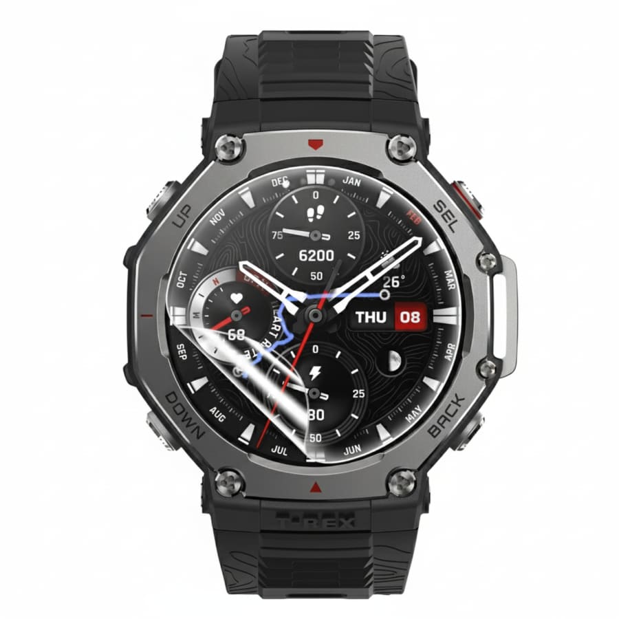Hydrogel screen protector for Amazfit T-Rex 3 smartwatch, pack of 6, showing clear, flexible film on the watch face.