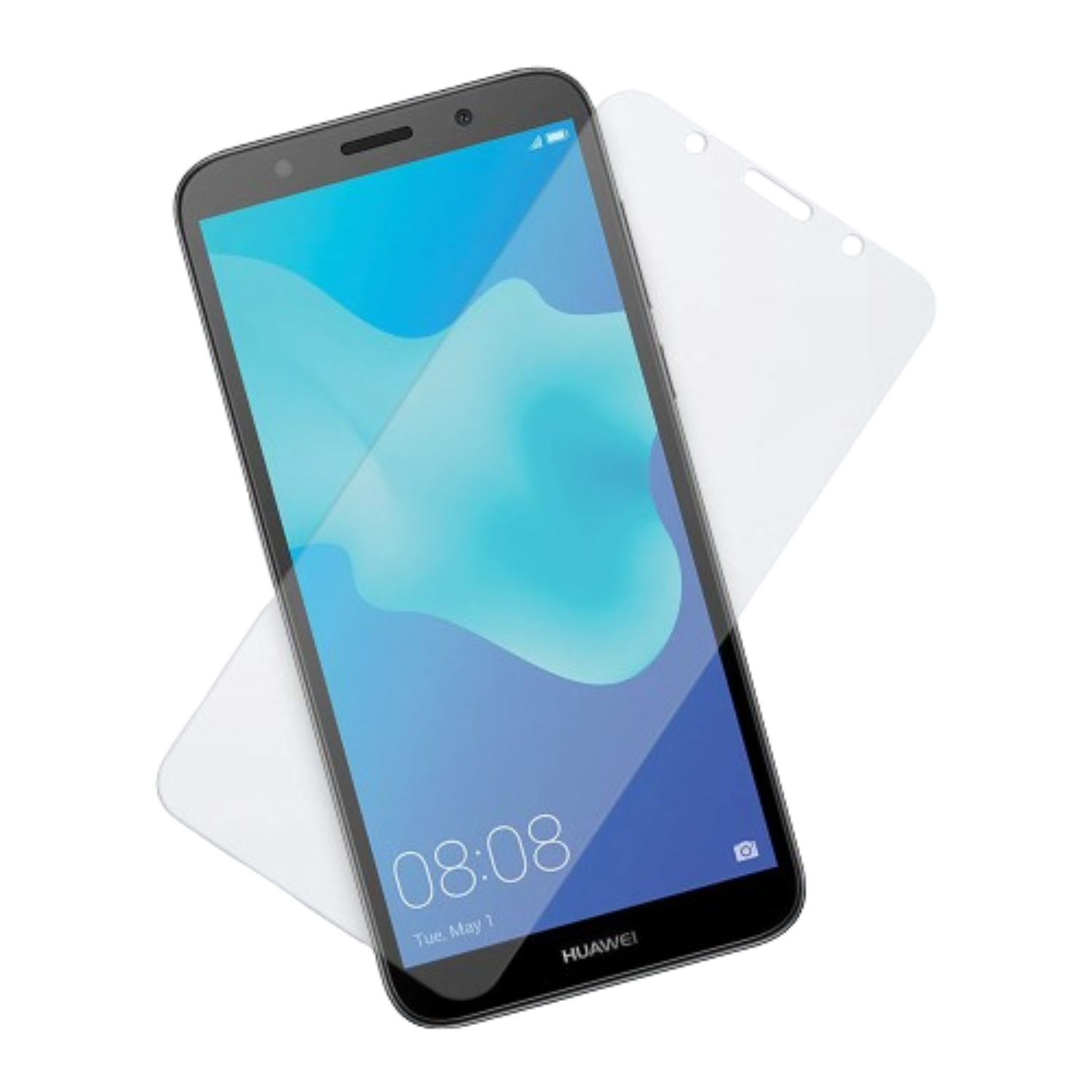 Two 9eight5 hydrogel screen protectors for Huawei Y5 Prime 2018, showing the transparent protectors in the packaging.