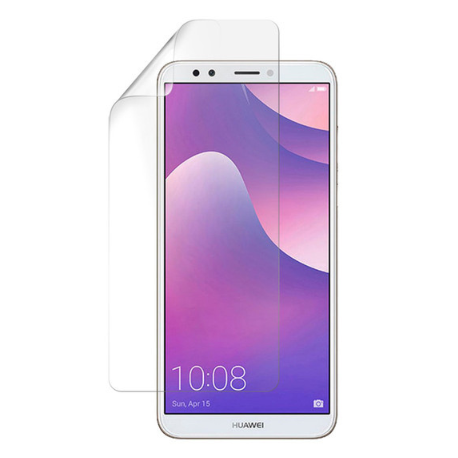 Hydrogel screen protector for Huawei Y7 Prime 2018, showing a clear, flexible film covering the phone screen with brand branding.