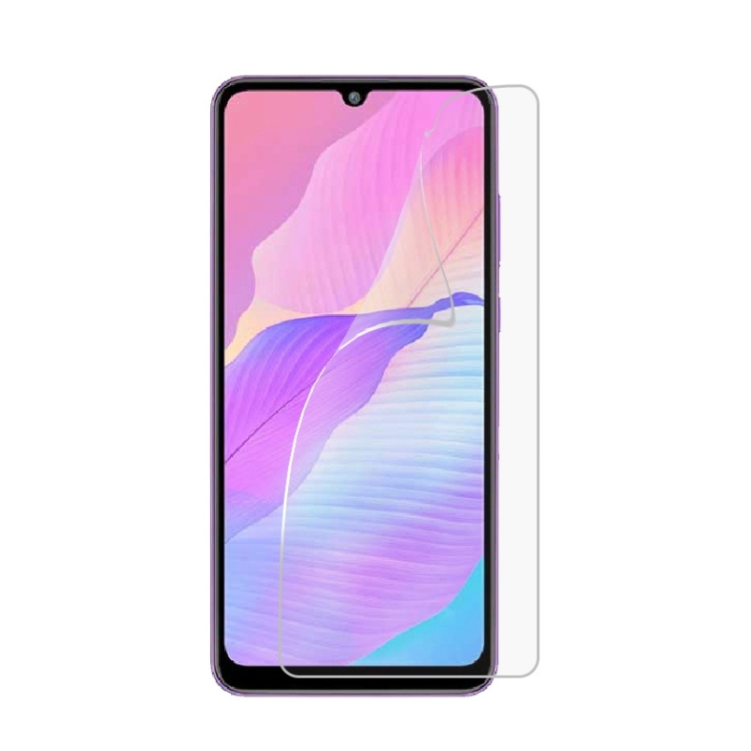 Hydrogel screen protector for Huawei Enjoy 20e by 9eight5, showing the clear, flexible film fitting over the phone screen.