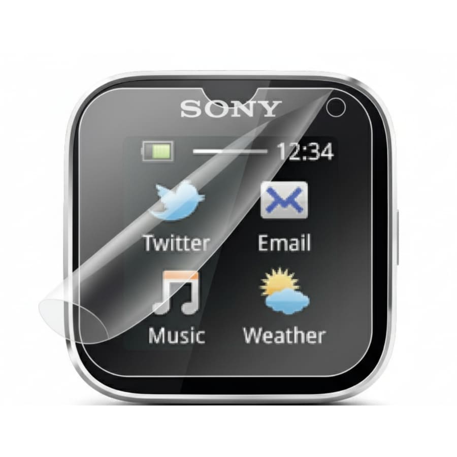 Hydrogel screen protectors for Sony SmartWatch MN2, 2012, pack of 6, with transparent protective film on smartwatch screen.