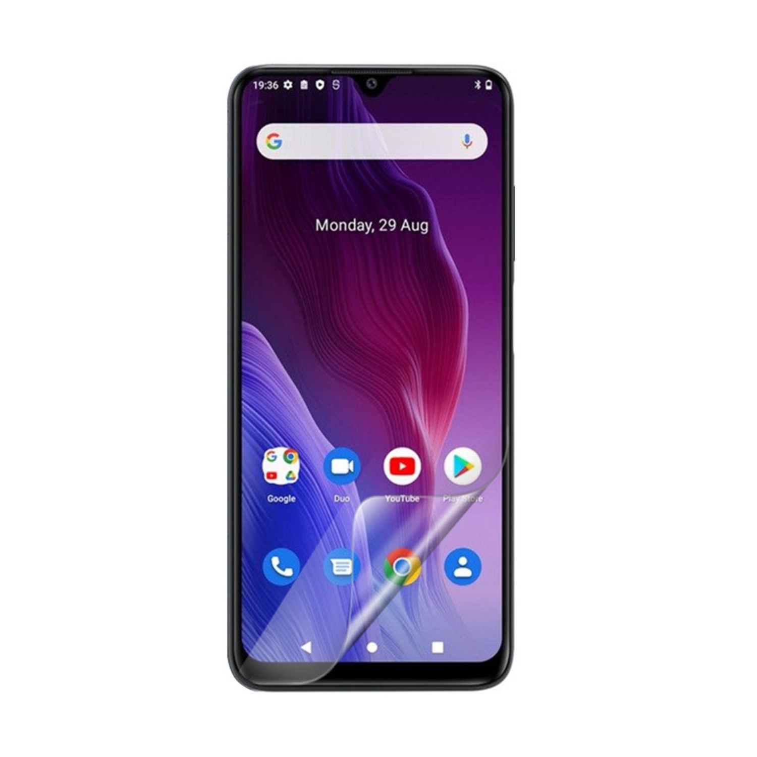 Hydrogel screen protector for Huawei P60 2023 by 9eight5, showing clear, flexible film covering phone screen in close-up.