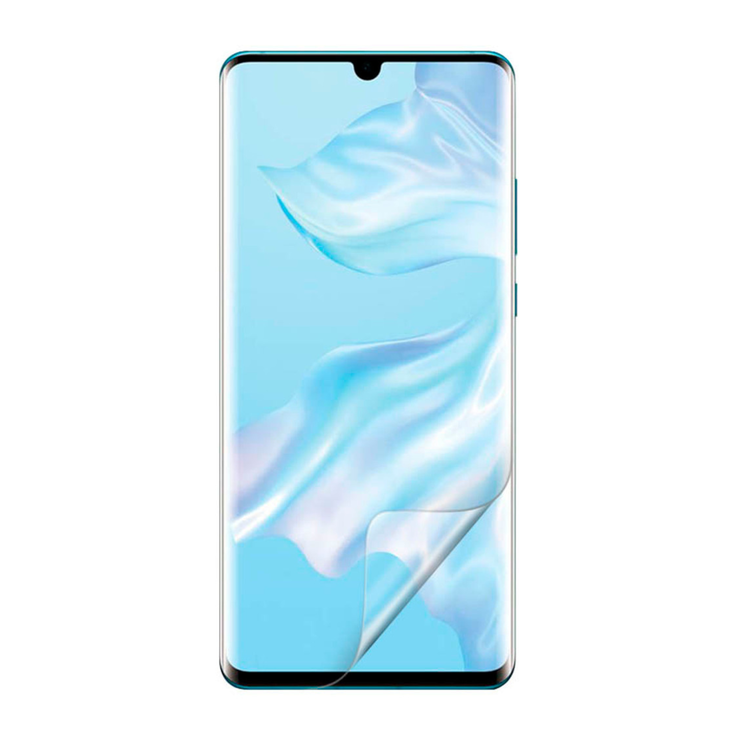 Hydrogel screen protector for Huawei P30 Pro by 9eight5, showing a clear, flexible film covering the phone screen.