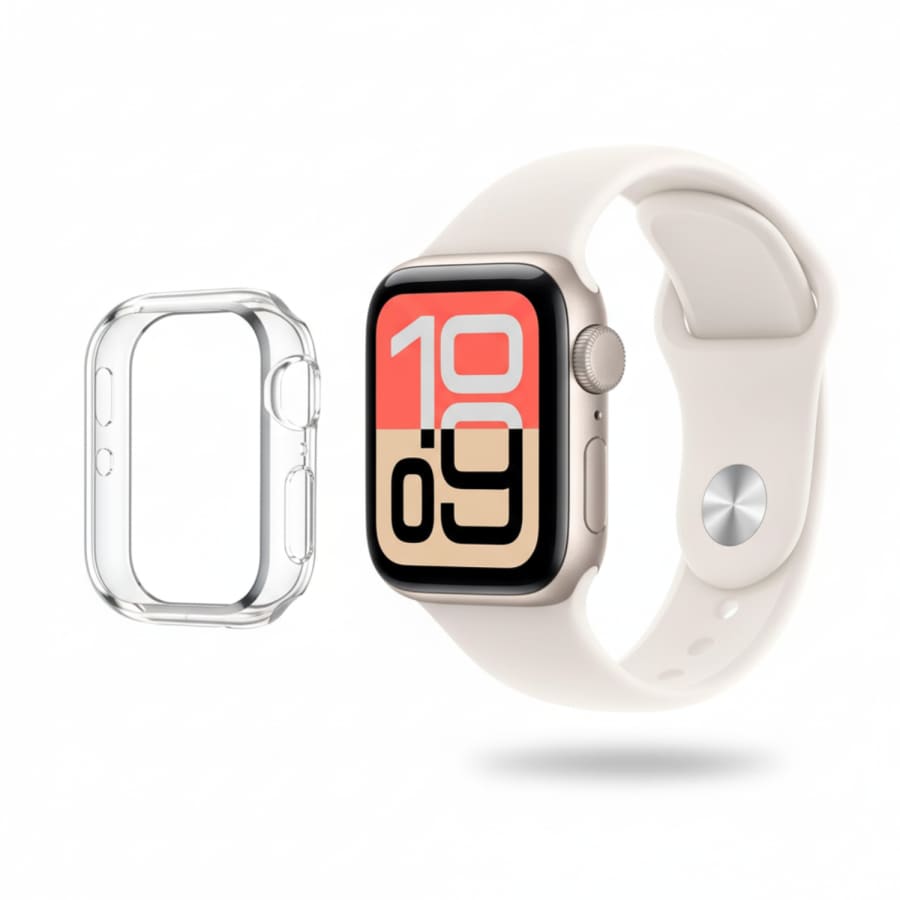 Clear protective case for Apple SE (3rd gen) 40mm watch, made by That Watch Shop, covering the watch face and edges.