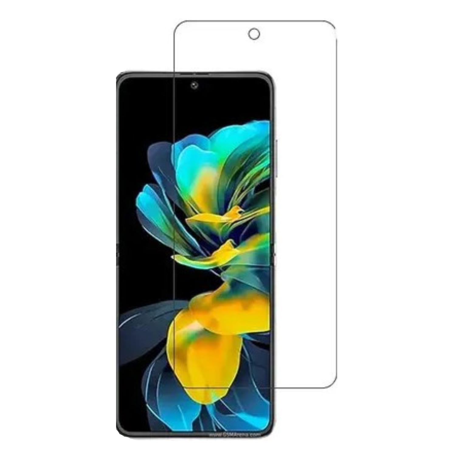 Hydrogel screen protector for Huawei Pocket S (2022) by 9eight5, showing the transparent protector covering the phone screen.