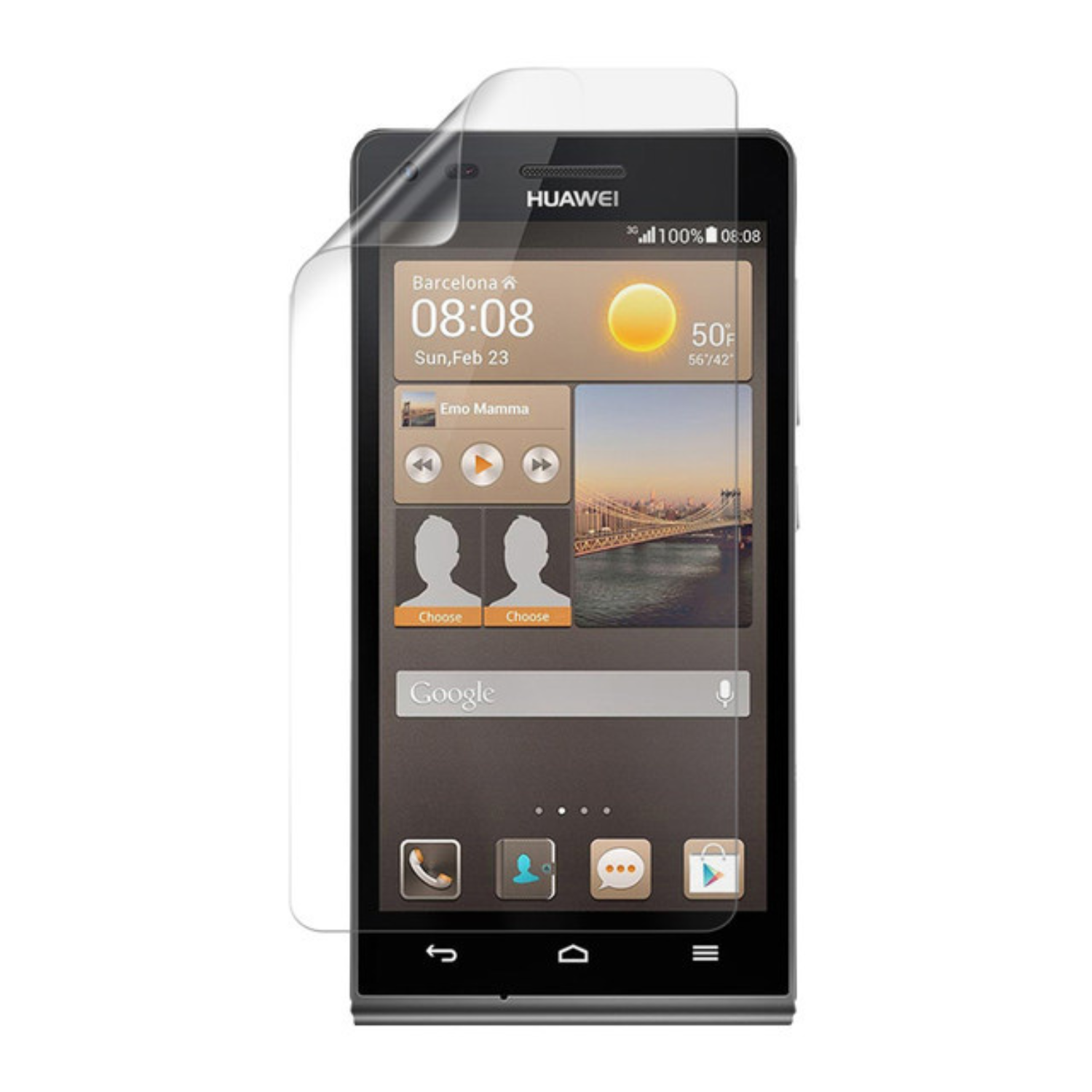 Two 9eight5 hydrogel screen protectors for Huawei Ascend W3, showing clear, flexible film fitting the device's screen.