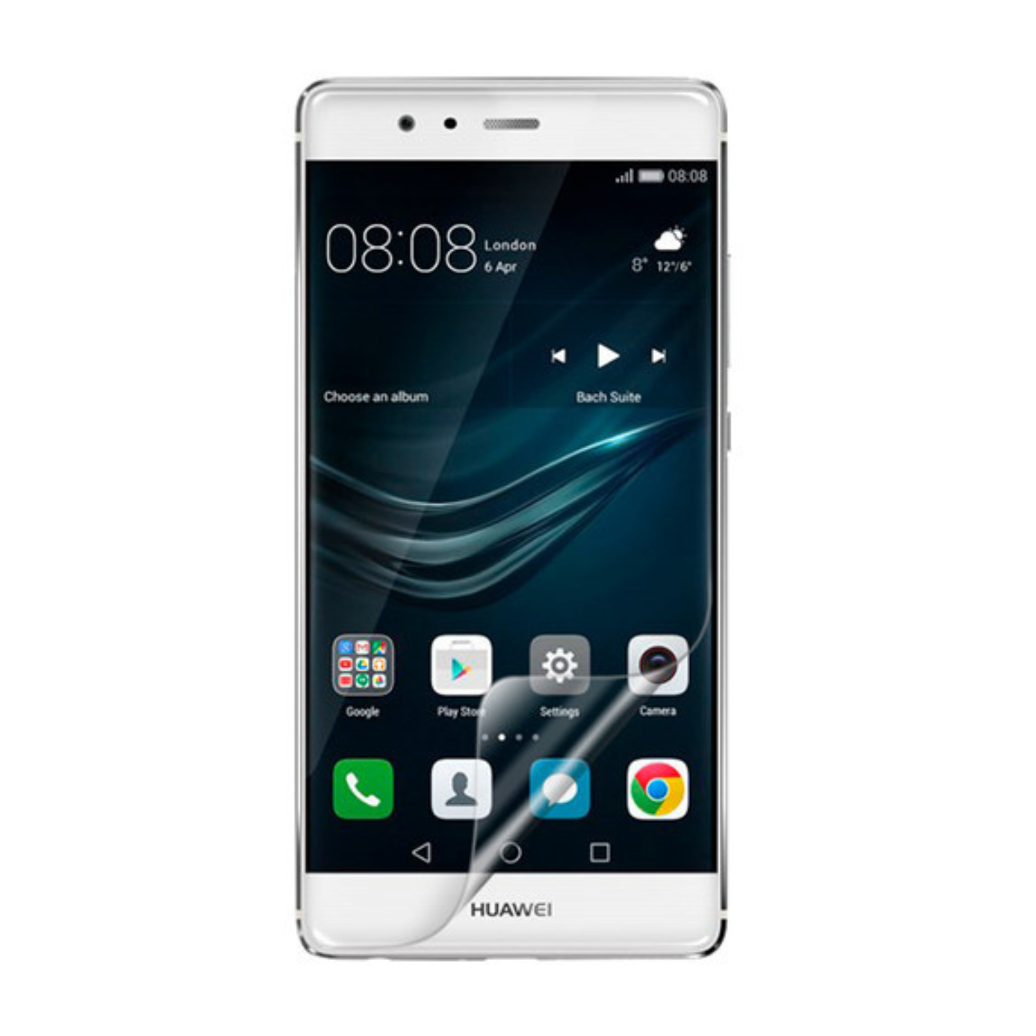 Hydrogel screen protector for Huawei P9 from 2016 by 9eight5, showing a clear, flexible layer fitting over the phone screen.