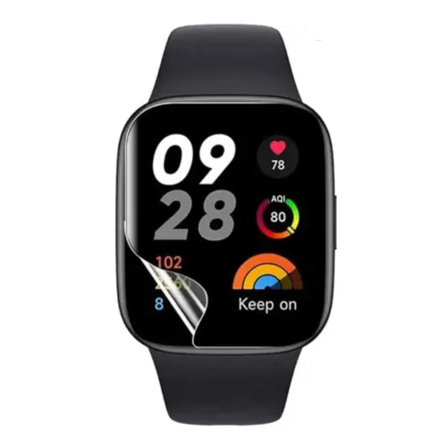 Hydrogel screen protector for Redmi Watch, original watch case from That Watch Shop, shown covering the watch screen in the image.