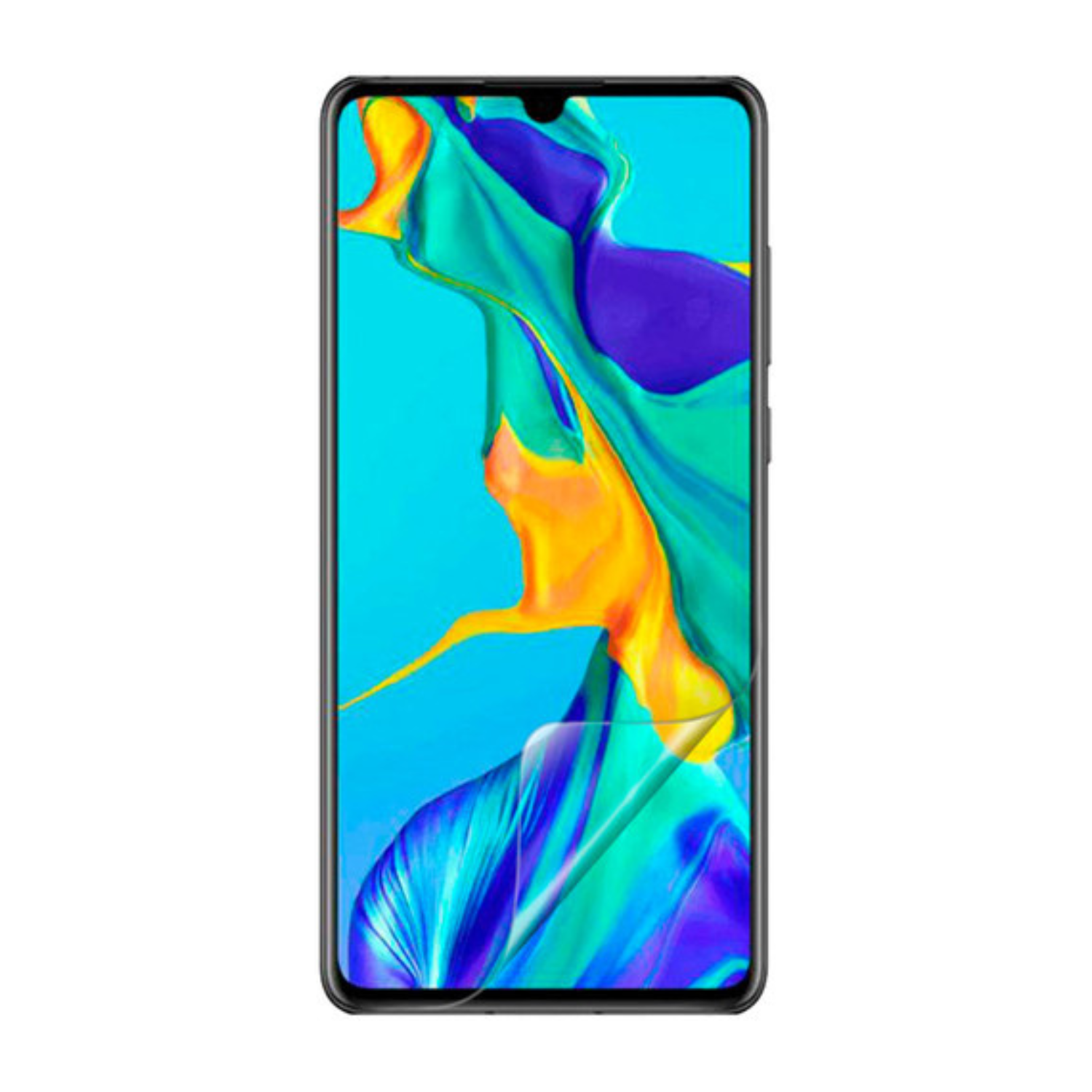 Hydrogel screen protector for Huawei P30 New Edition 2020 by 9eight5, showing the clear, flexible film fitting over the phone screen.